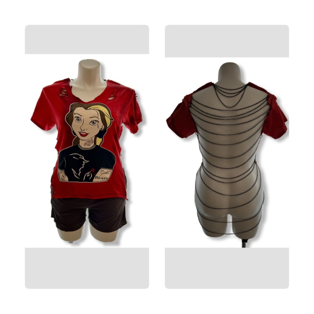Custom T-Shirt Punk Belle Beauty and the Beast Chain Back Party Top Size S/M